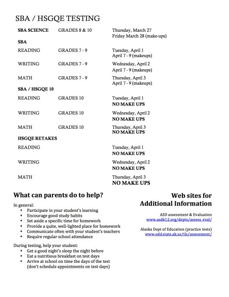 SBA HSGQE Testing Schedule