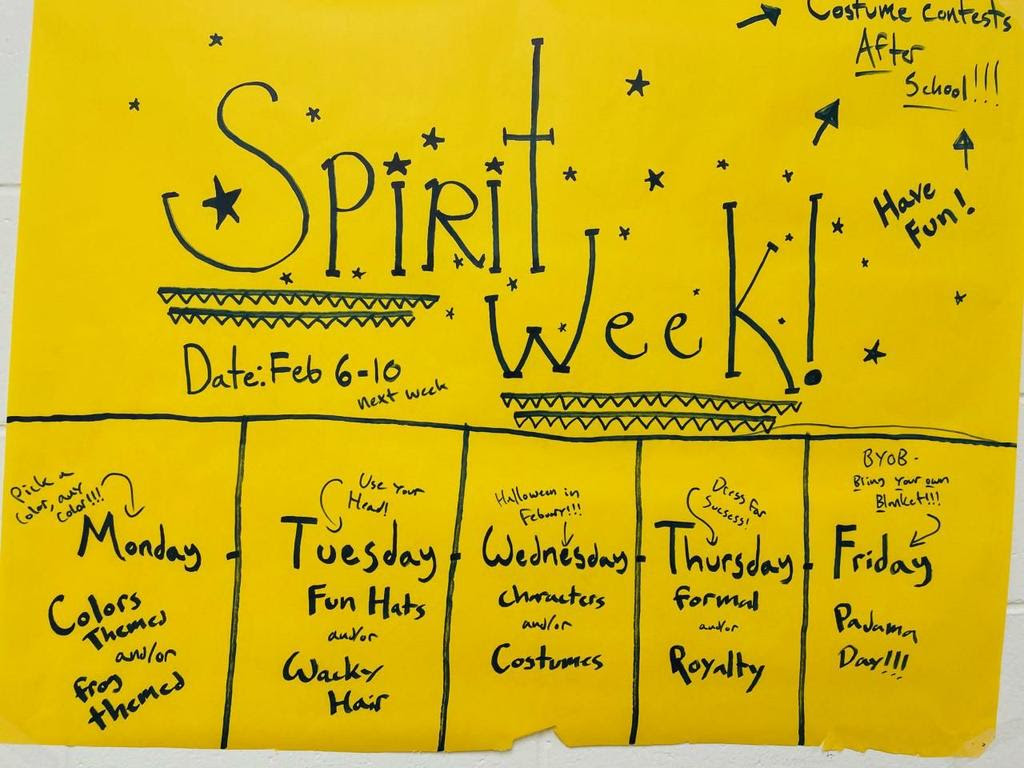 Poster showing spirt week events (in text)